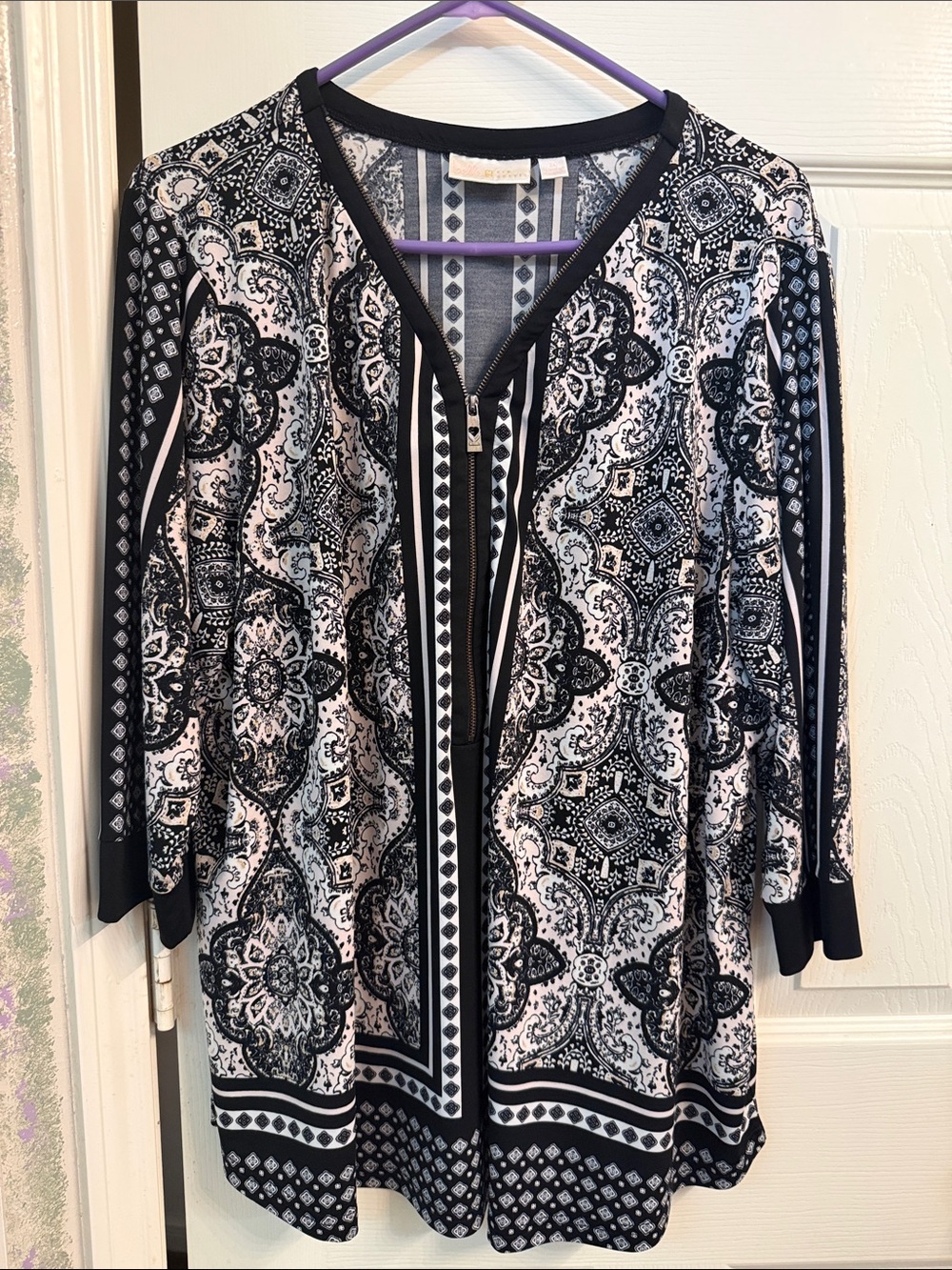 Belle by Kim Gravel Black & White Printed Zip-Front Tunic